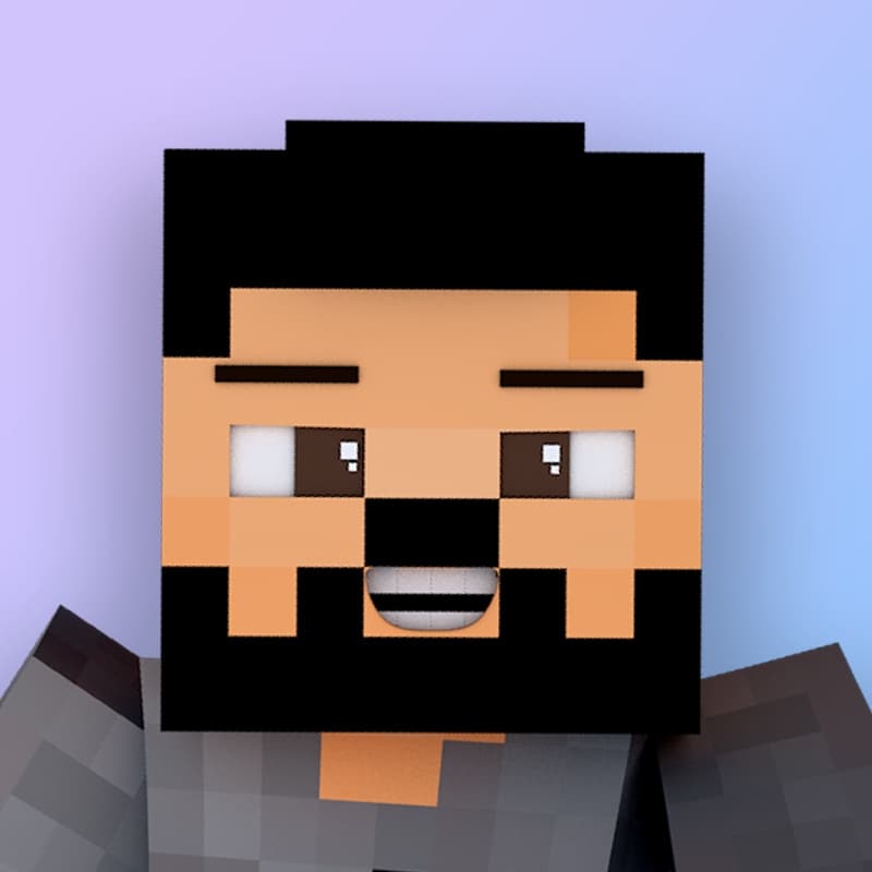 A close-up render of a Minecraft character named Lautner with a friendly, smiling expression. Lautner has a medium tan skin tone, brown eyes with white glints, and dark, straight eyebrows. The mouth is open in a small smile, showing a hint of white teeth. A neatly groomed square beard frames the lower half of the face. Black hair covers the top of the head in a rectangular shape. Lautner is wearing a dark shirt or jacket. The background is a soft gradient, fading from purple to light blue, adding a calm, inviting feel.